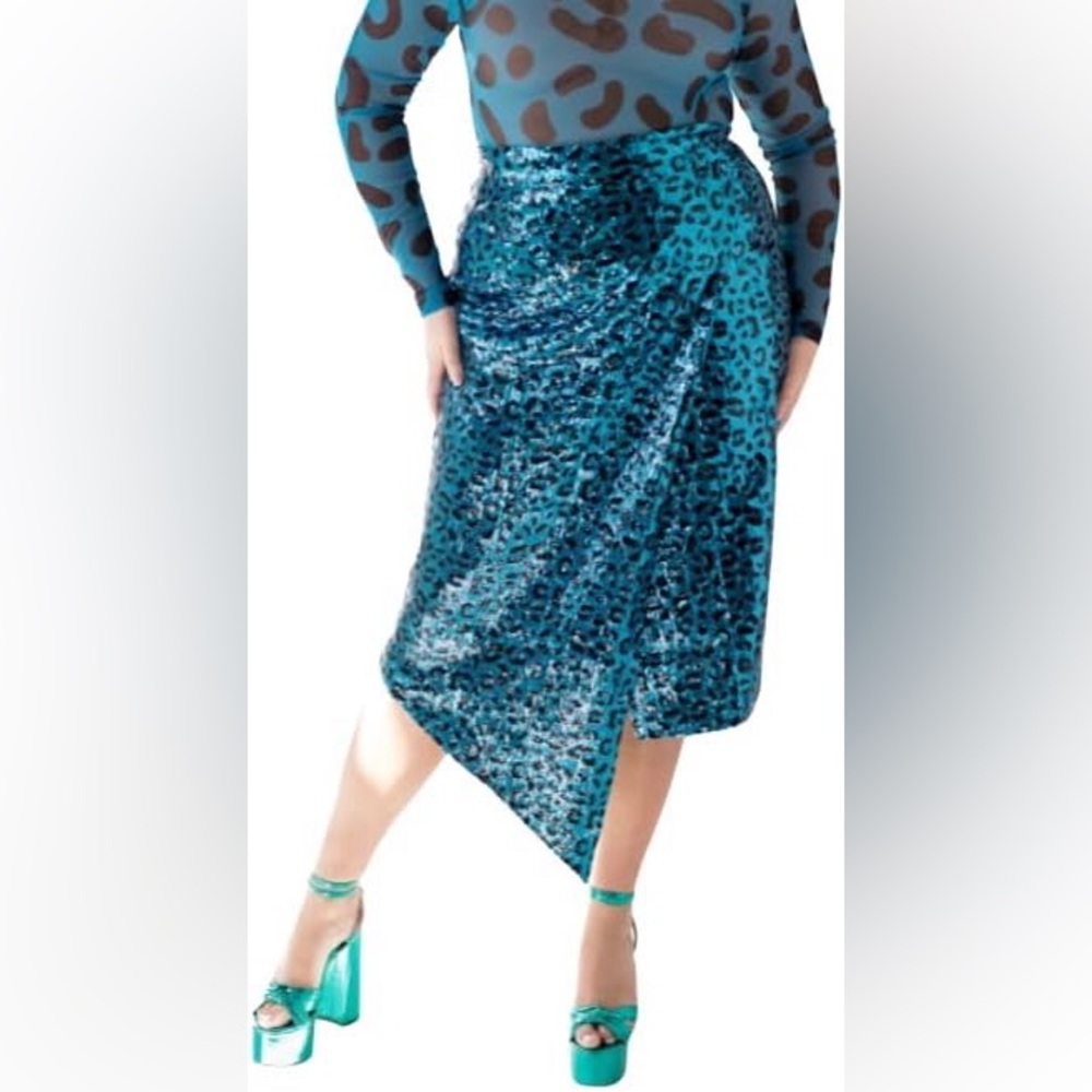 Pantora Women's Cavi Sequin Wrap Skirt Blue / Teal Black Jaguar Leopard